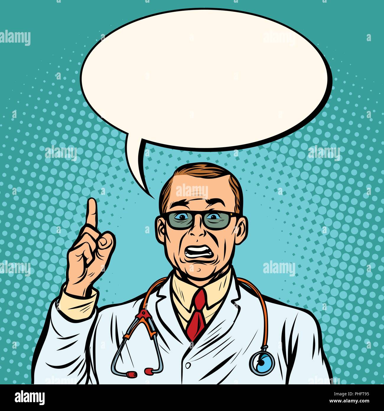 Sceptical male doctor. Medicine and health. Comic cartoon pop art retro vector illustration drawing Stock Vector