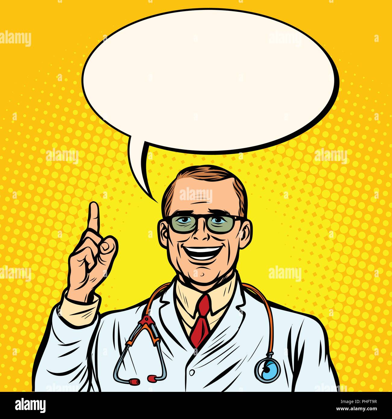 Joyful male doctor. Medicine and health. Comic cartoon pop art retro vector illustration drawing Stock Vector