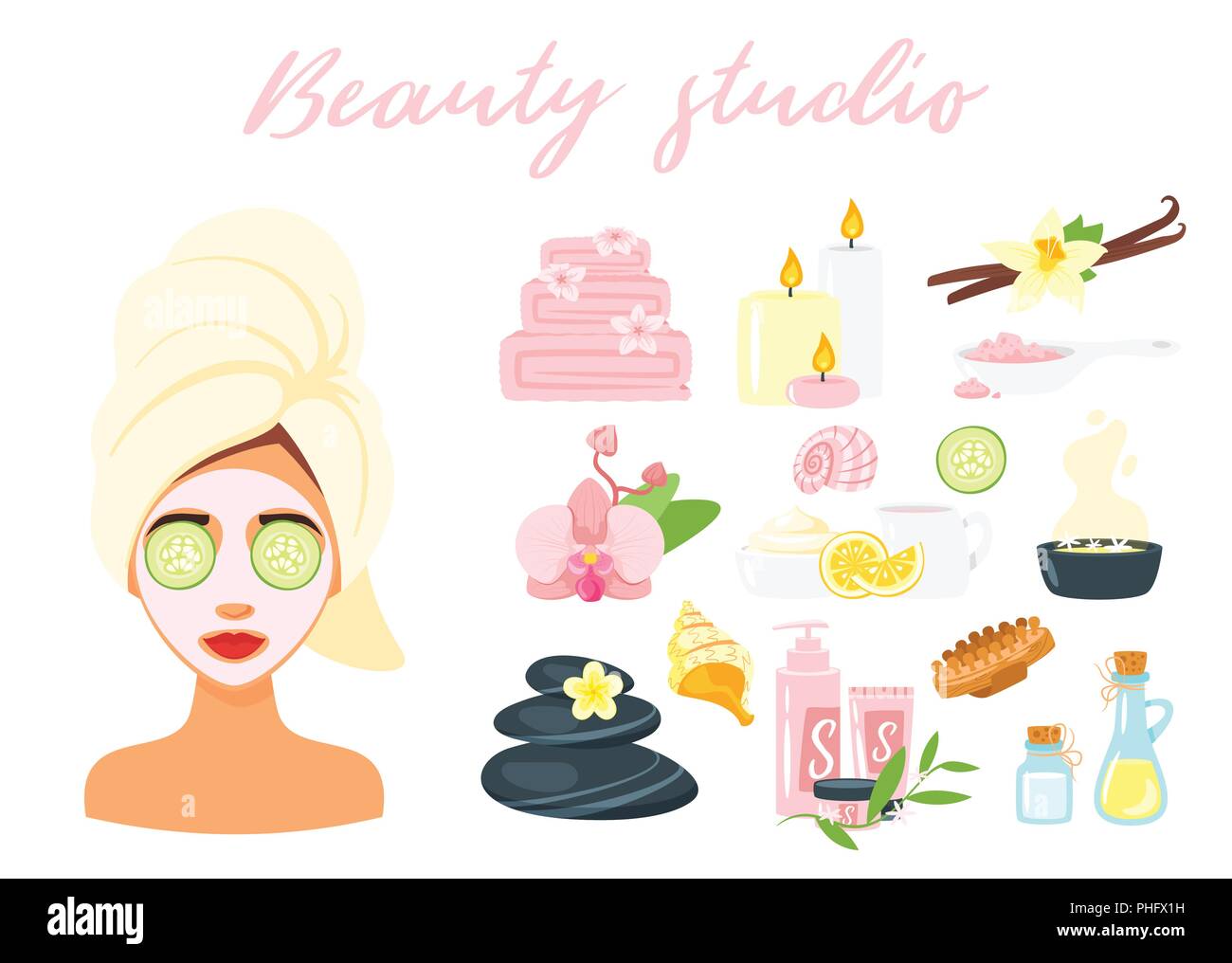 Vector cartoon style set of wellness icons. Woman avatar getting spa  treatment with mask on face. Healthy lifestyle Stock Vector Image & Art -  Alamy