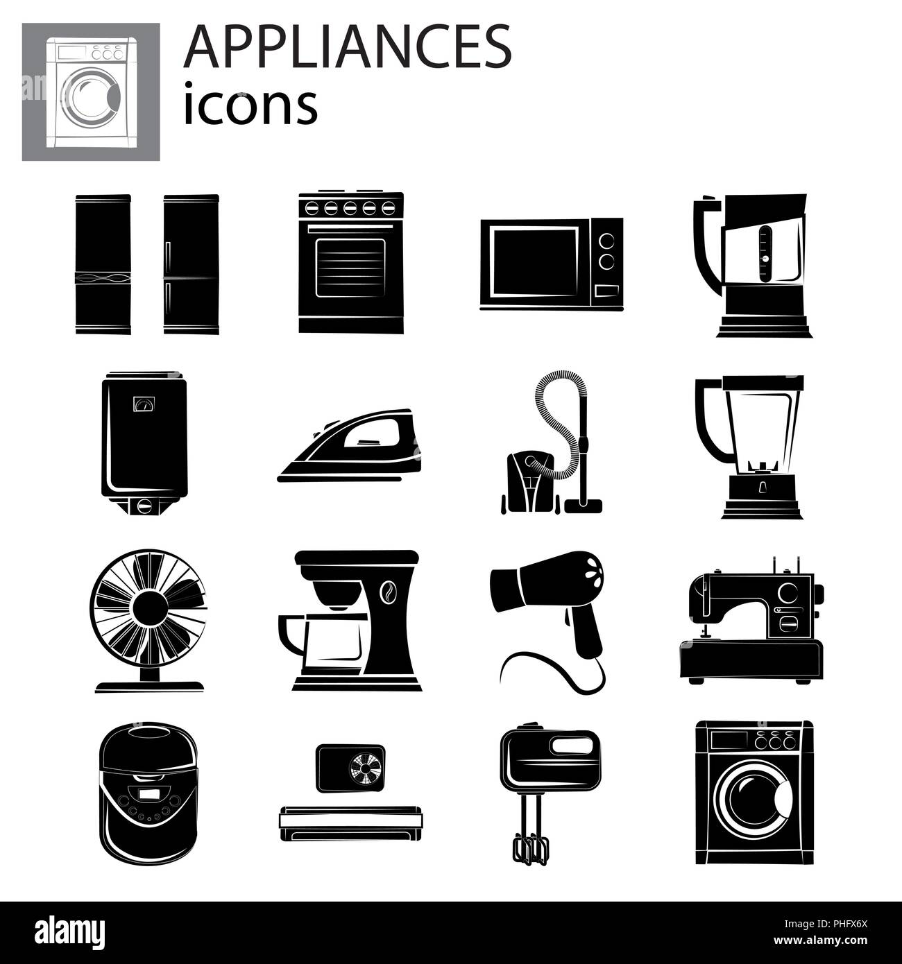 Household appliances set black on white background Stock Vector