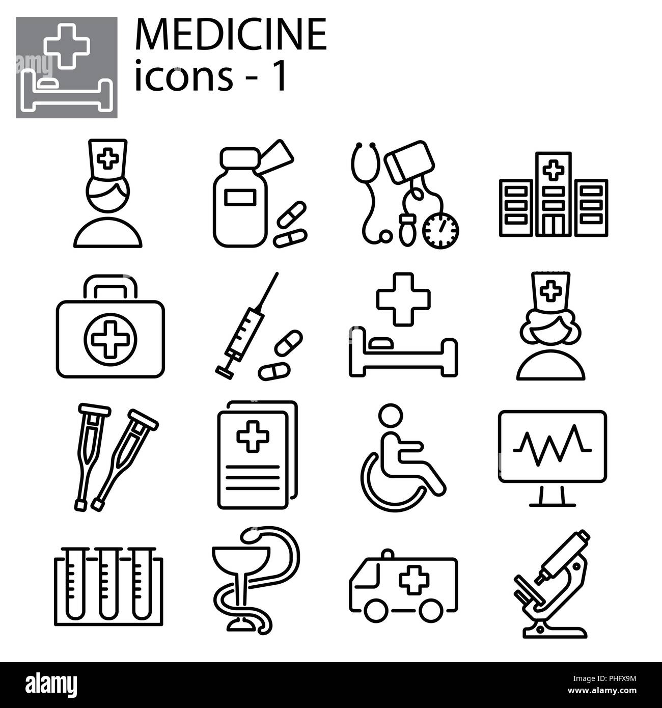 Web line set. Medicine icons black on white background Stock Vector