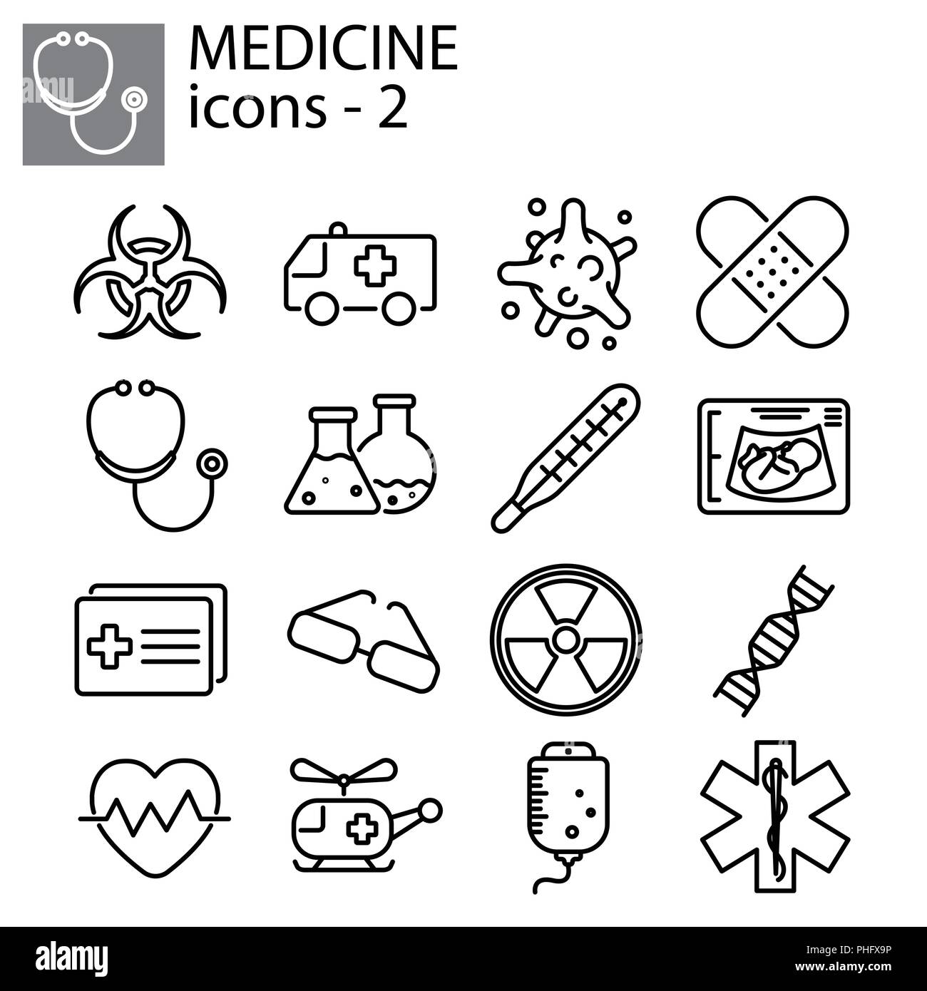 Web line set. Medicine - 2 black on white background Stock Vector