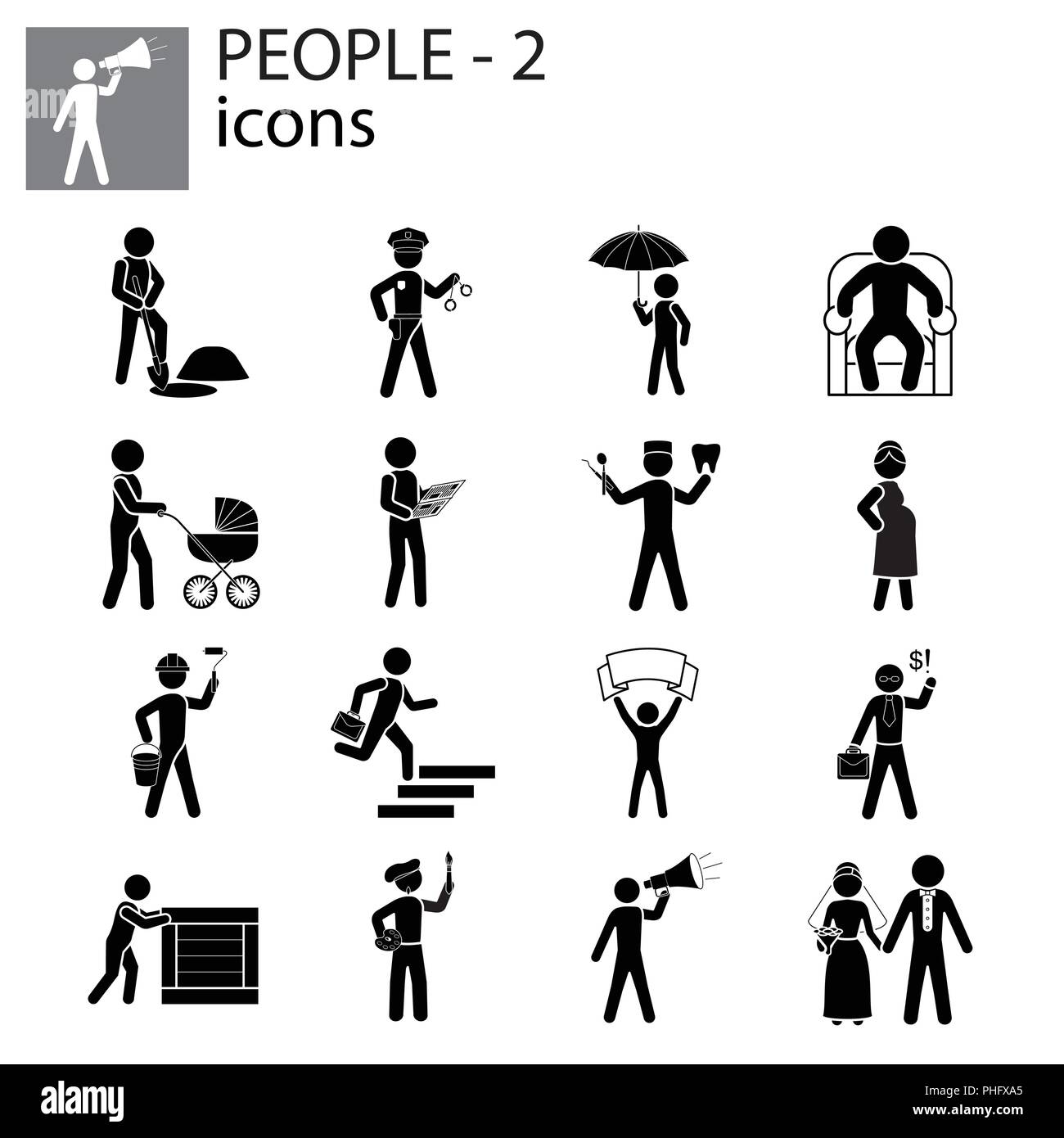 People icons set (professions, actions, gestures) black on white background Stock Vector