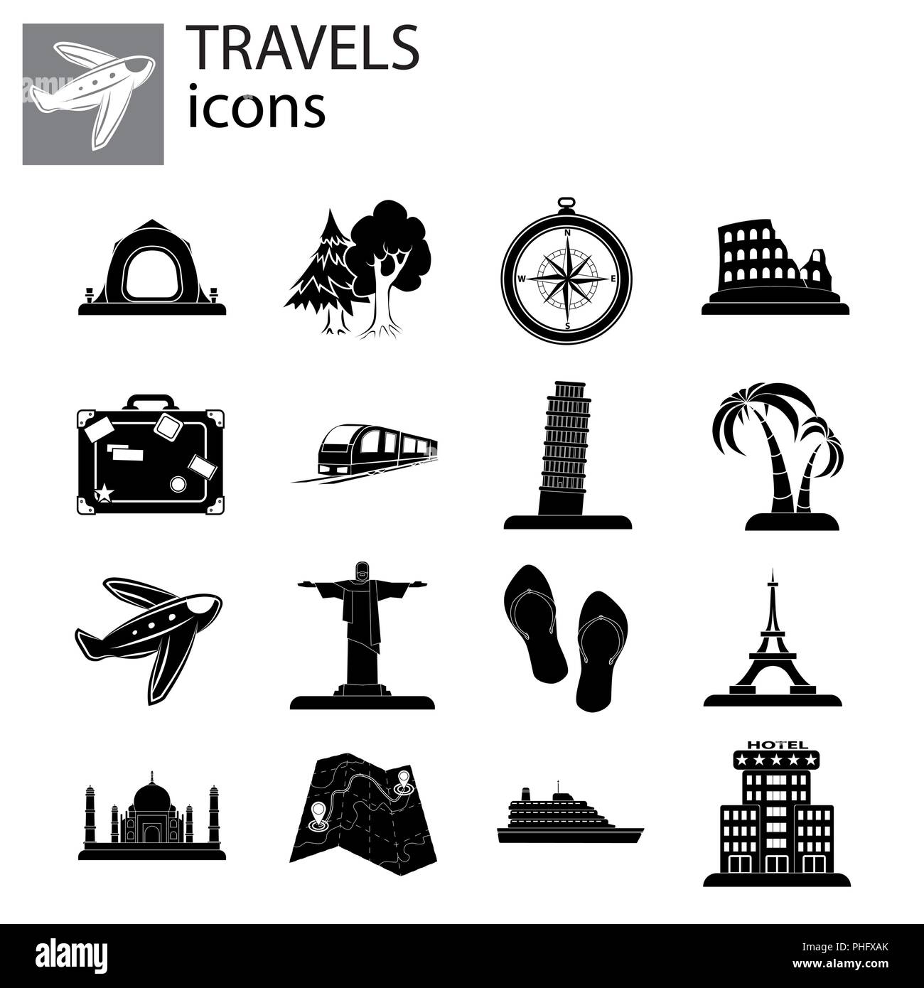 Travel Set vector black on white background Stock Vector