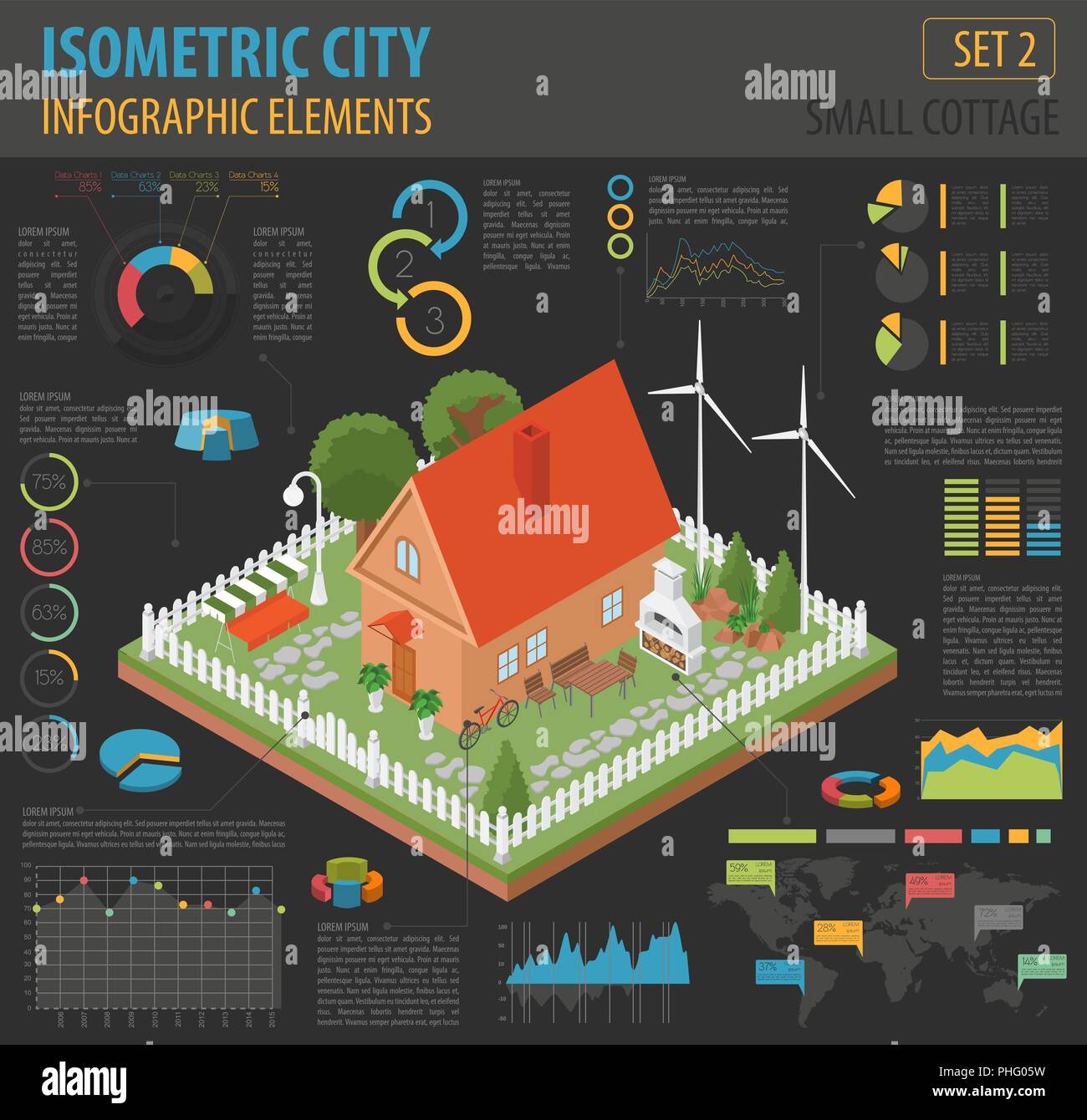 Flat 3d isometric house and city map constructor elements such as ...