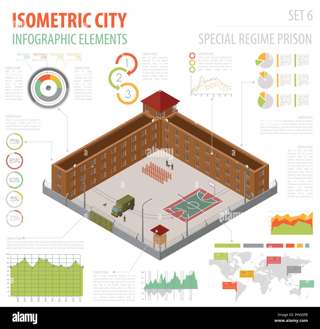 Flat 3d isometric special regime prison, jail for city map constructor isolated on white. Build your own infographic collection. Vector illustration Stock Vector