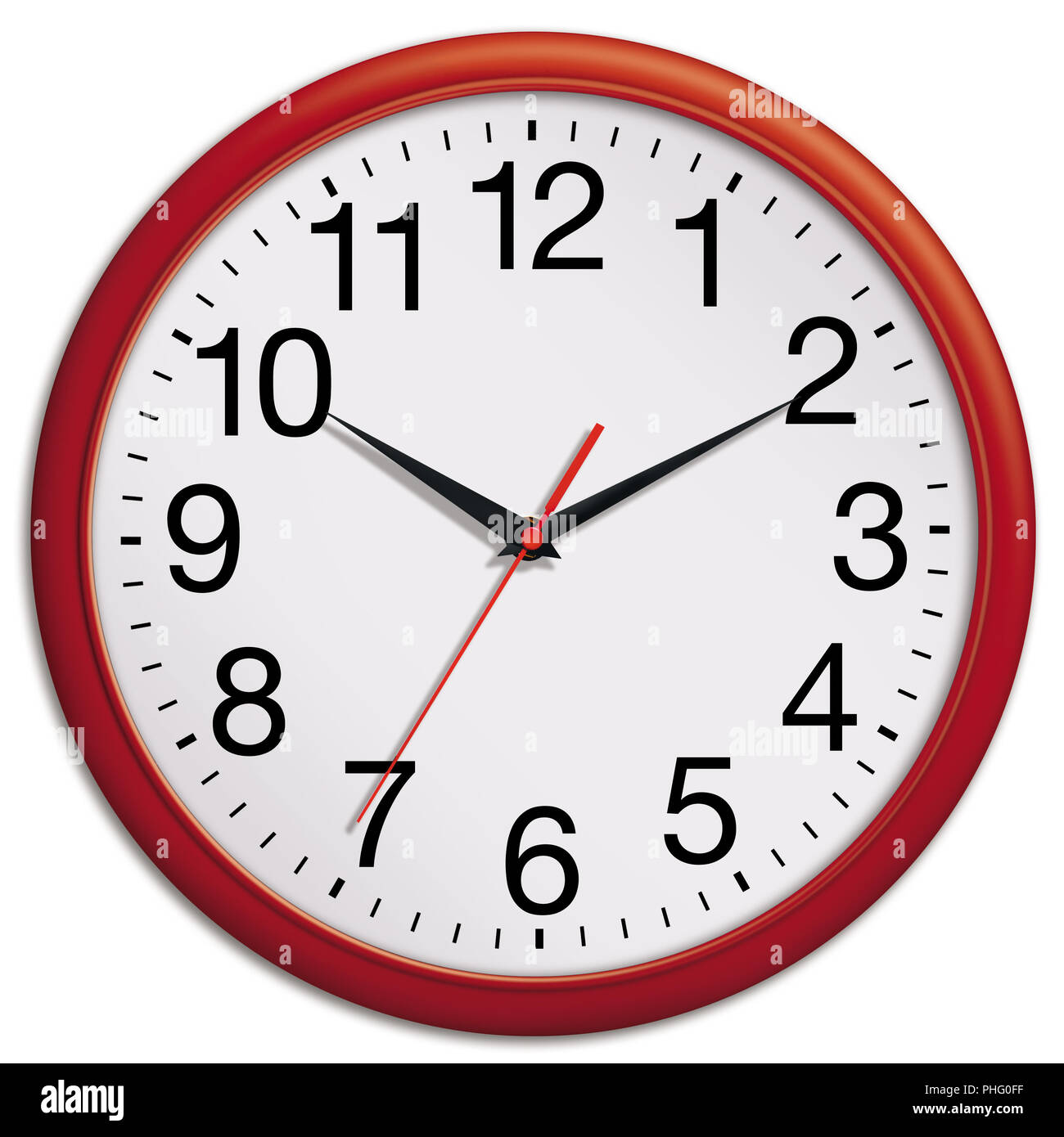 Red wall clock shows ten past ten isolated on white background Stock