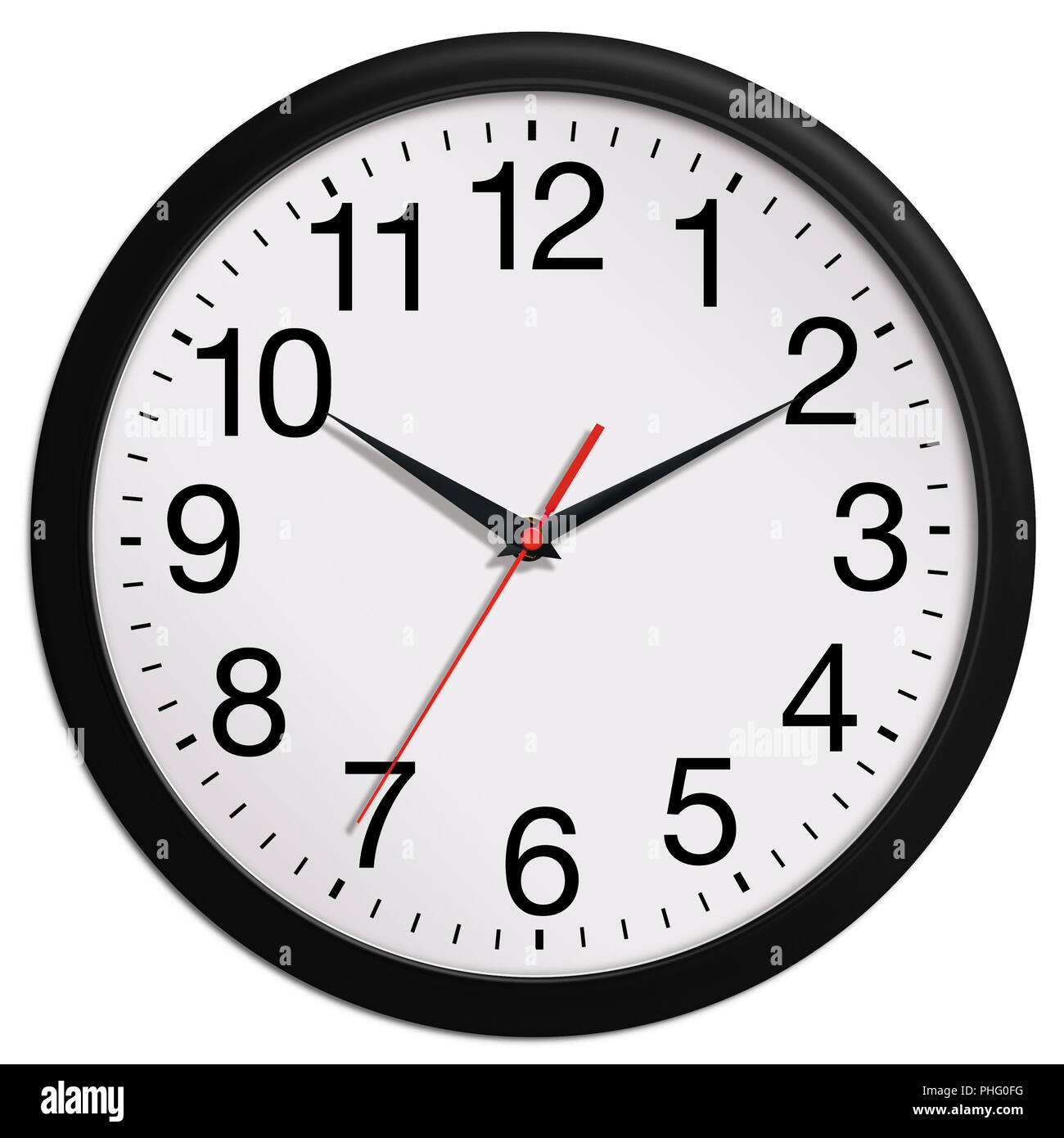 Black wall clock shows ten past ten isolated on white background Stock