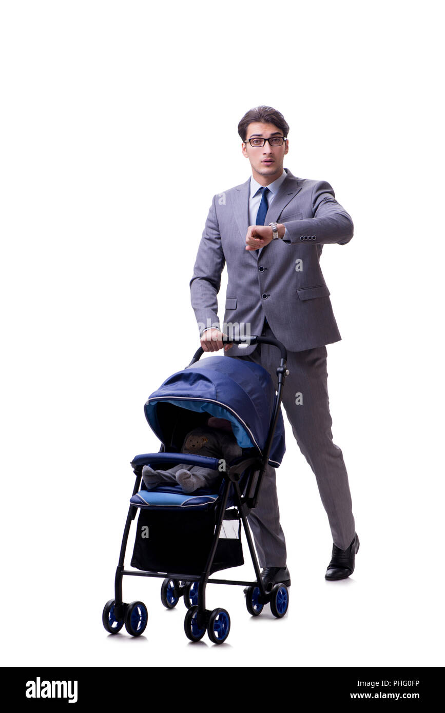 Young dad businessman with baby pram isolated on white Stock Photo