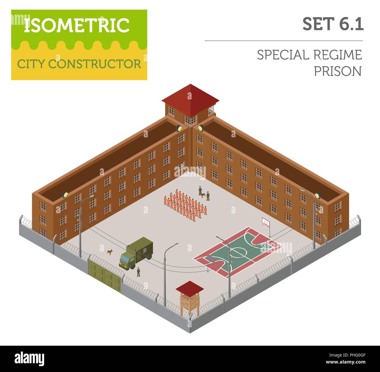 Flat 3d isometric special regime prison, jail for city map constructor isolated on white. Build your own infographic collection. Vector illustration Stock Vector