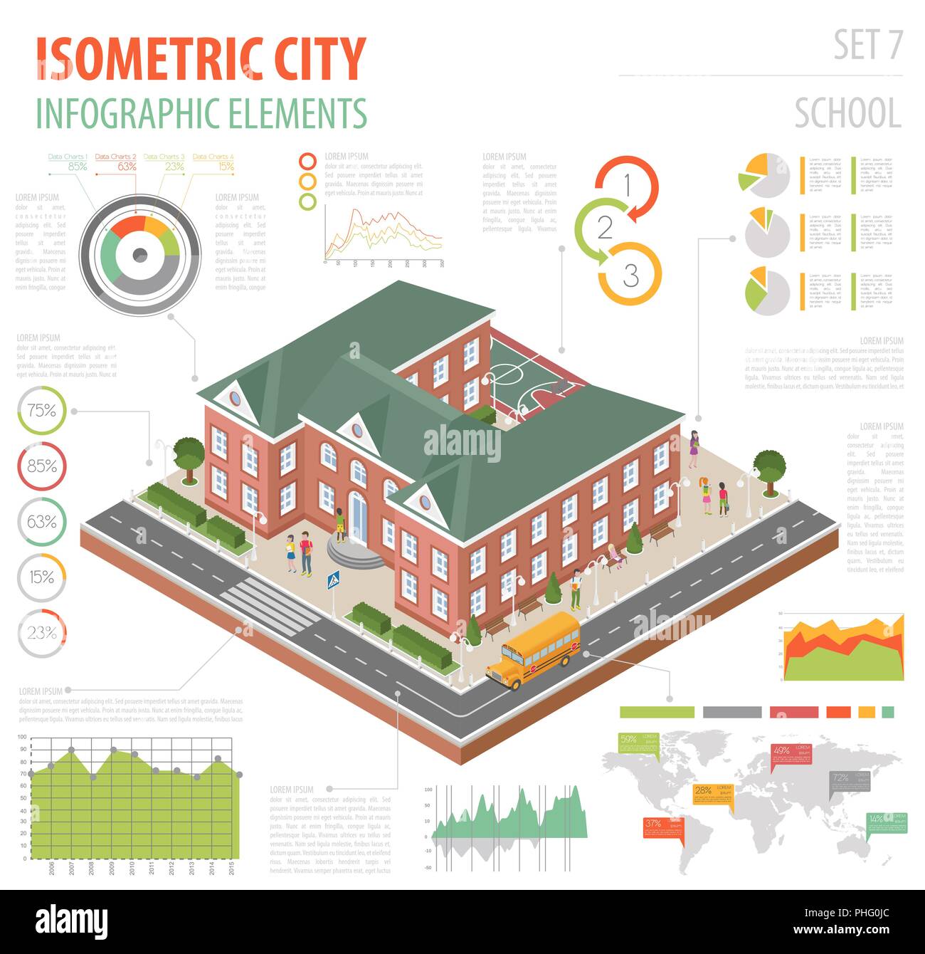 Flat 3d isometric school and city map constructor elements such as ...