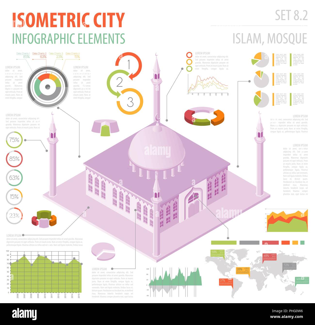 Flat 3d isometric islamic  mosque and city map constructor elements such as building, minaret, garden isolated on white. Build your own infographic co Stock Vector