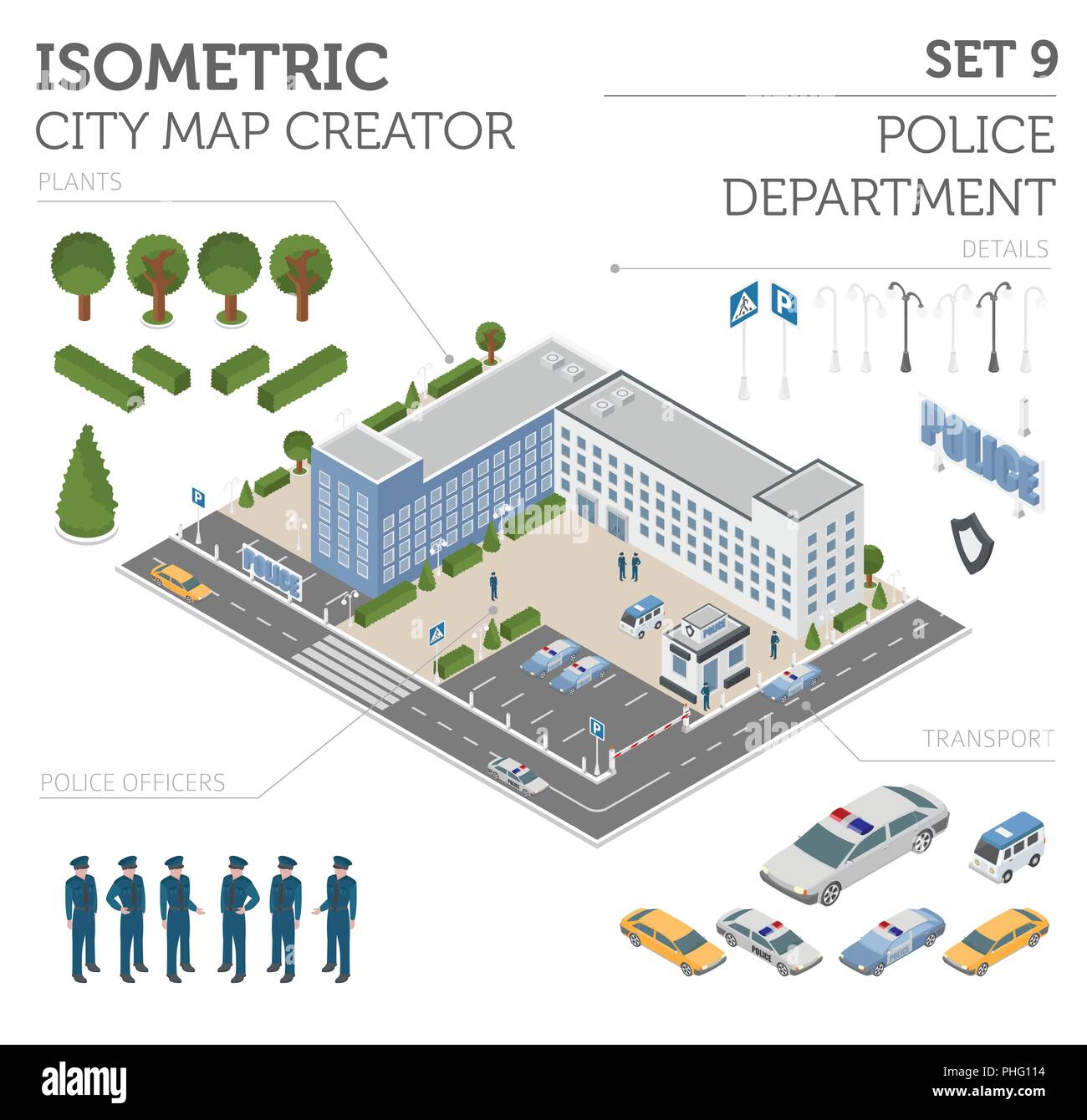 Flat 3d isometric Police Department and city map constructor elements such as building, police officer, car, parking isolated on white. Build your own Stock Vector