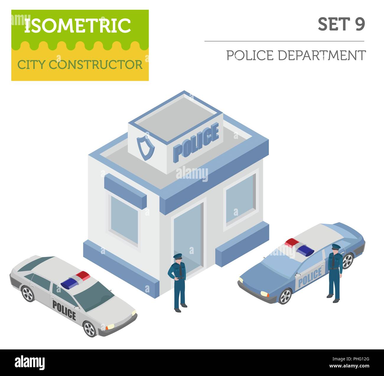 Flat 3d isometric Police Department and city map constructor elements such as building, police officer, car, parking isolated on white. Build your own Stock Vector