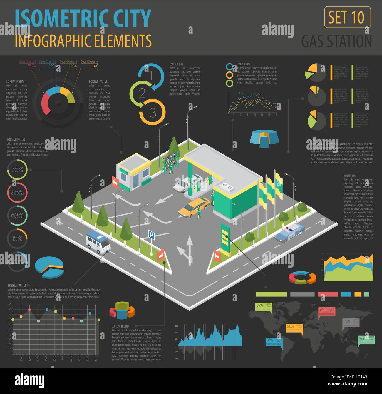 Flat 3d isometric Gas station and city map constructor elements such as ...