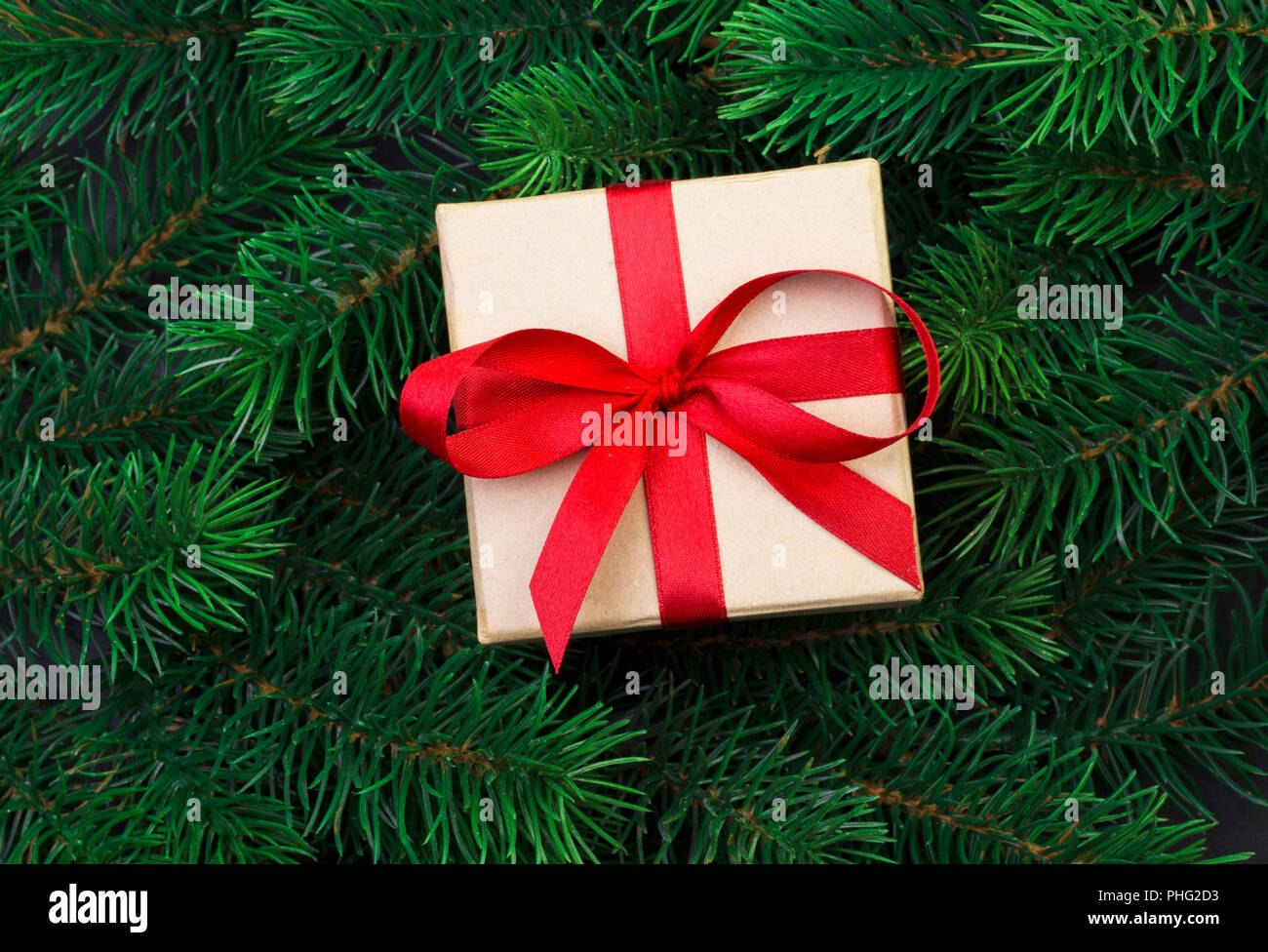 Christmas tree branch on a black background and gift box with a red ...