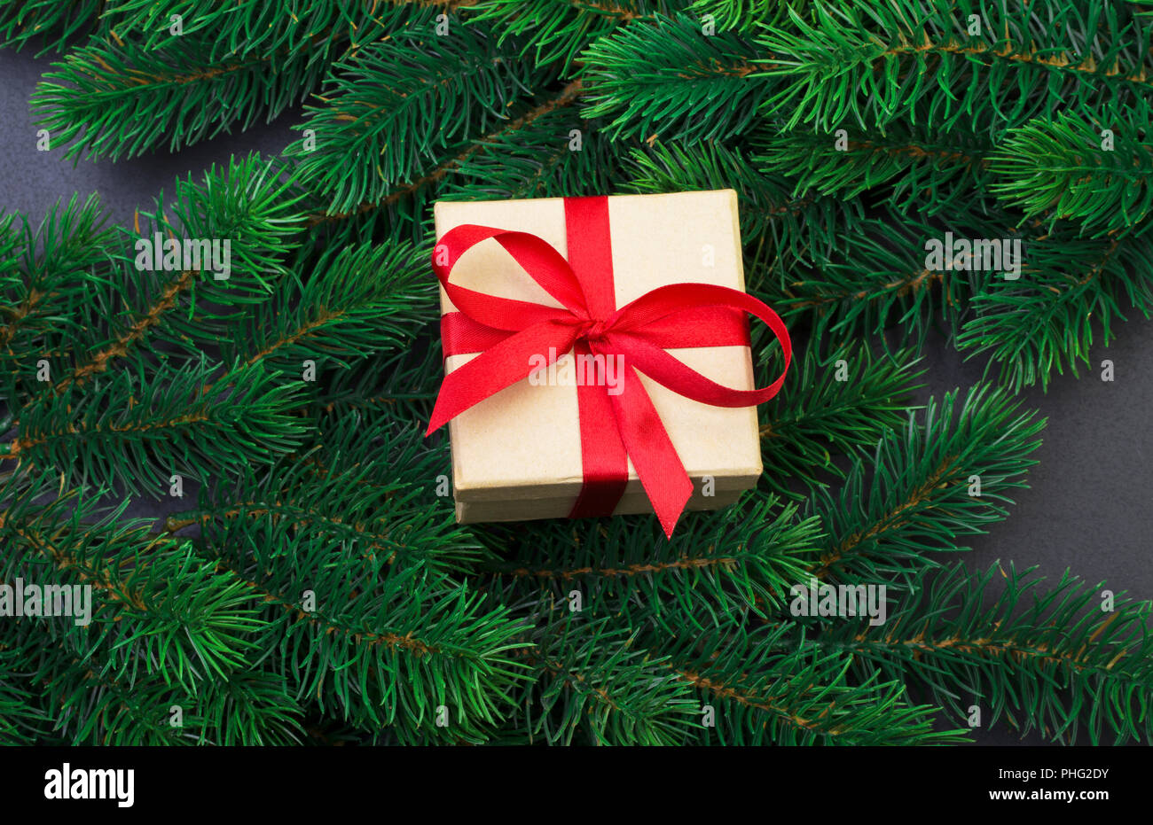 Christmas tree branch on a black background and gift box with a red ...