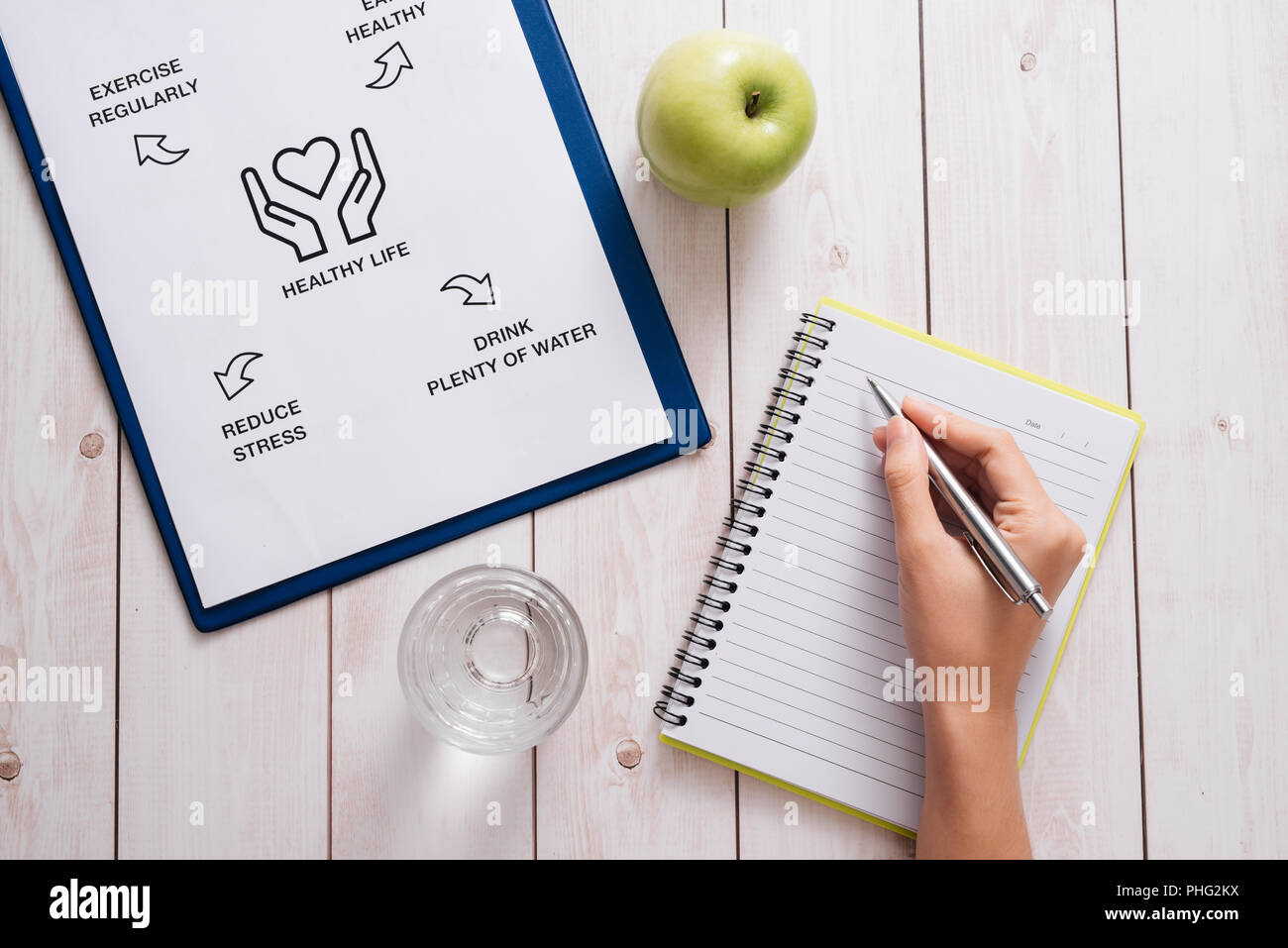 Top View Of A Meal Plan Concept On Wooden Desk Stock Photo