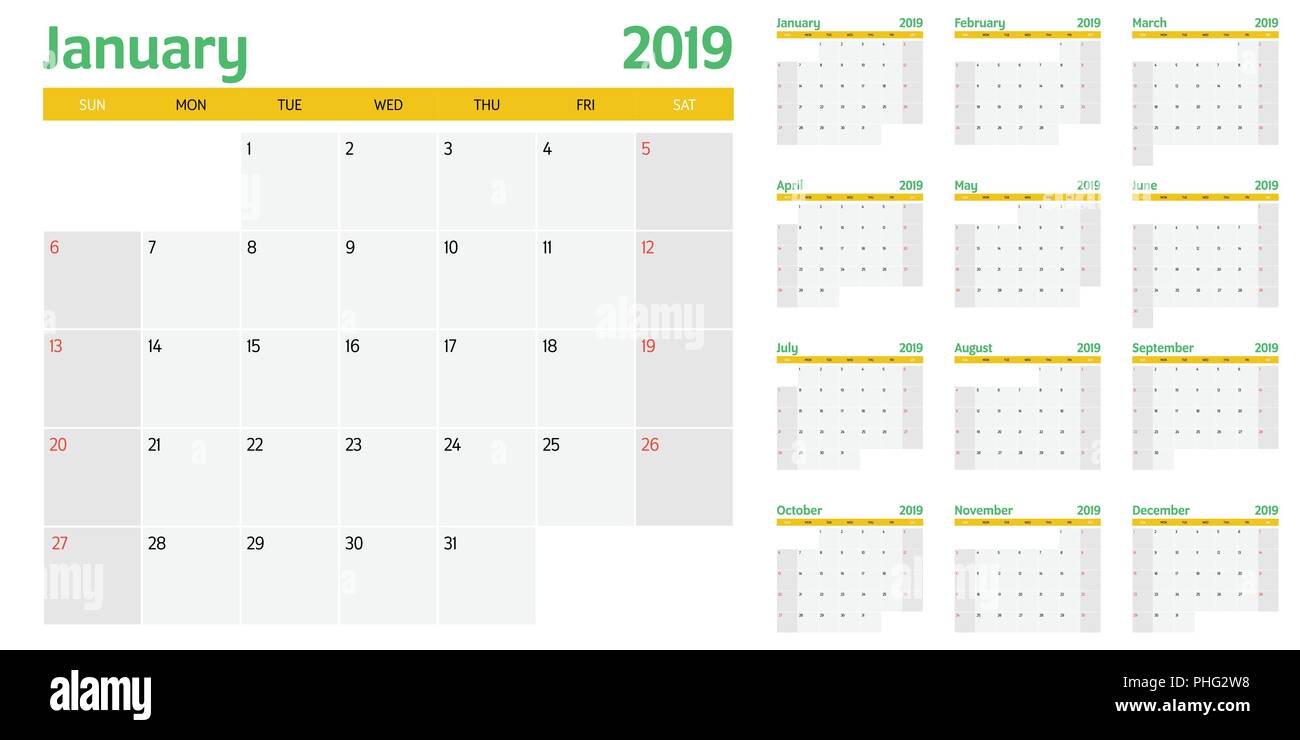 calendar planner 2019 template vector illustration all 12 months