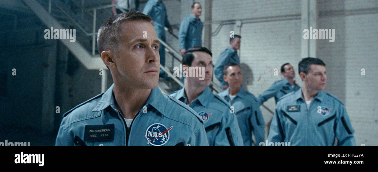 FIRST MAN 2018 Universal Pictures film with Ryan Gosling as Neil Armstrong at left Stock Photo