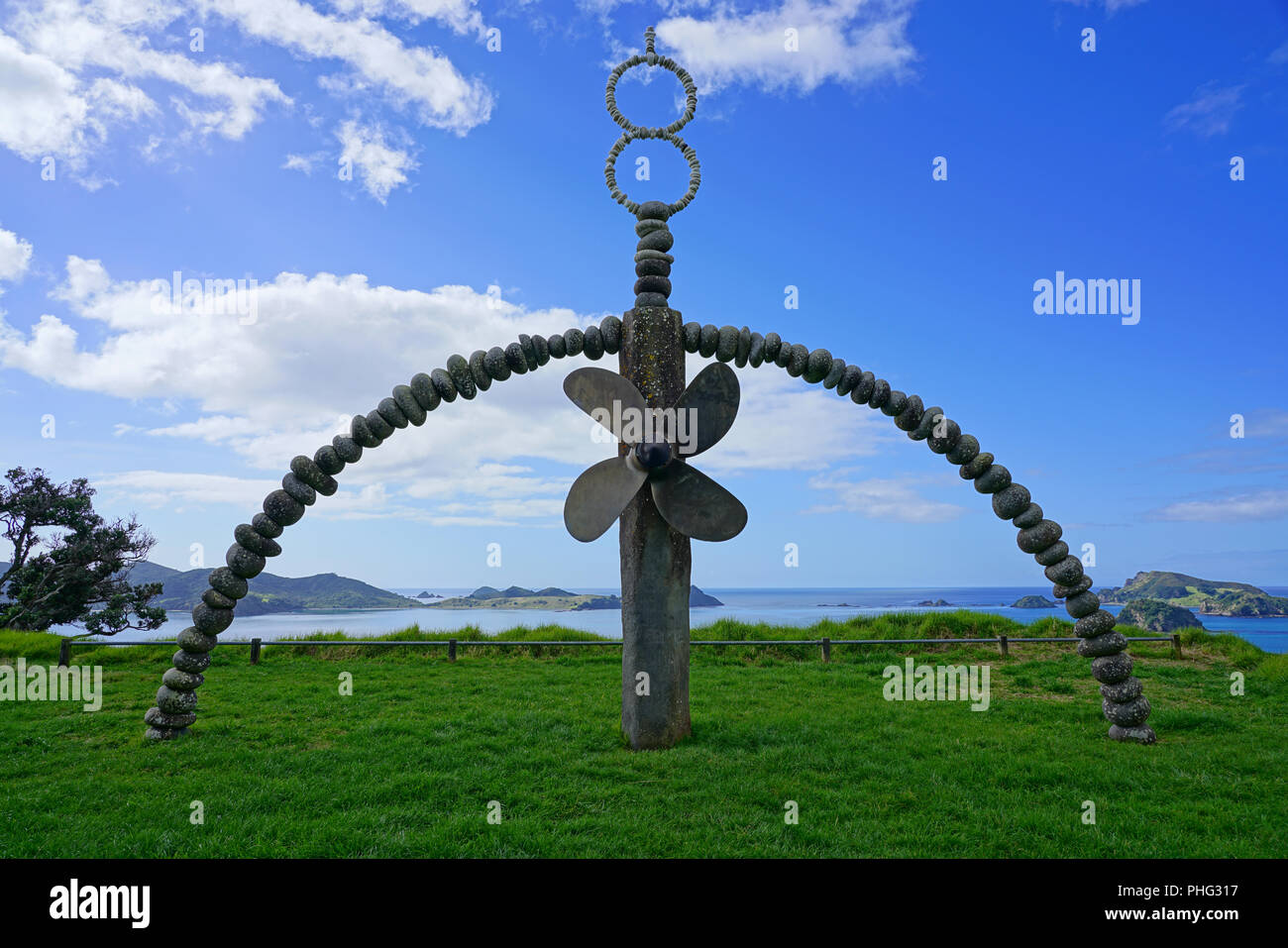 MATAURI BAY, NEW ZEALAND -View of the Rainbow Warrior Memorial, a monument to the victims of the Greenpeace ship sunk by France above Matauri Bay, NZ. Stock Photo