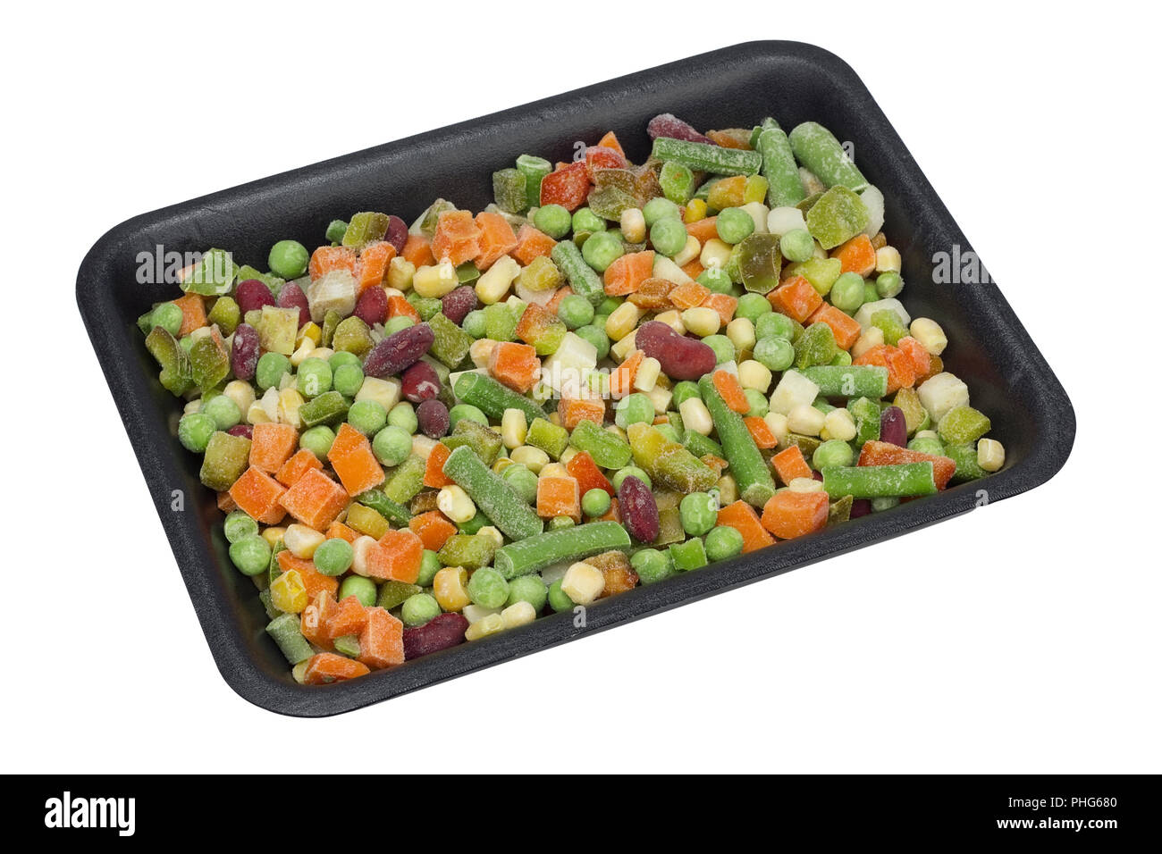 Container with frozen mixed vegetables Stock Photo
