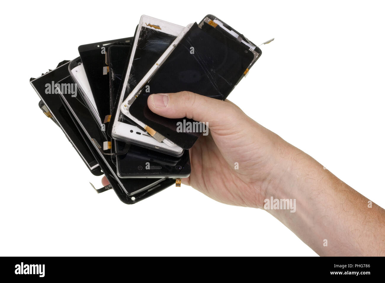 Hand hold  faulty broken mobile phones Stock Photo