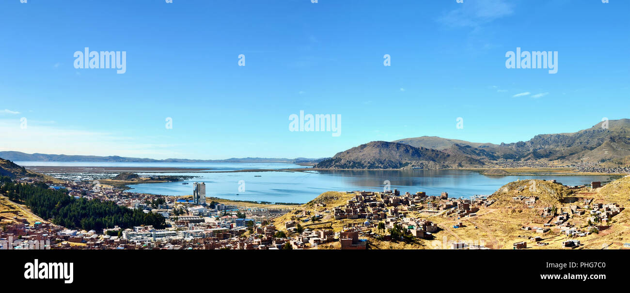 Puno city located on Titicaca lake bank Stock Photo