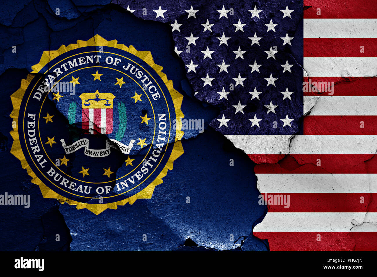 flag of FBI and USA painted on cracked wall Stock Photo