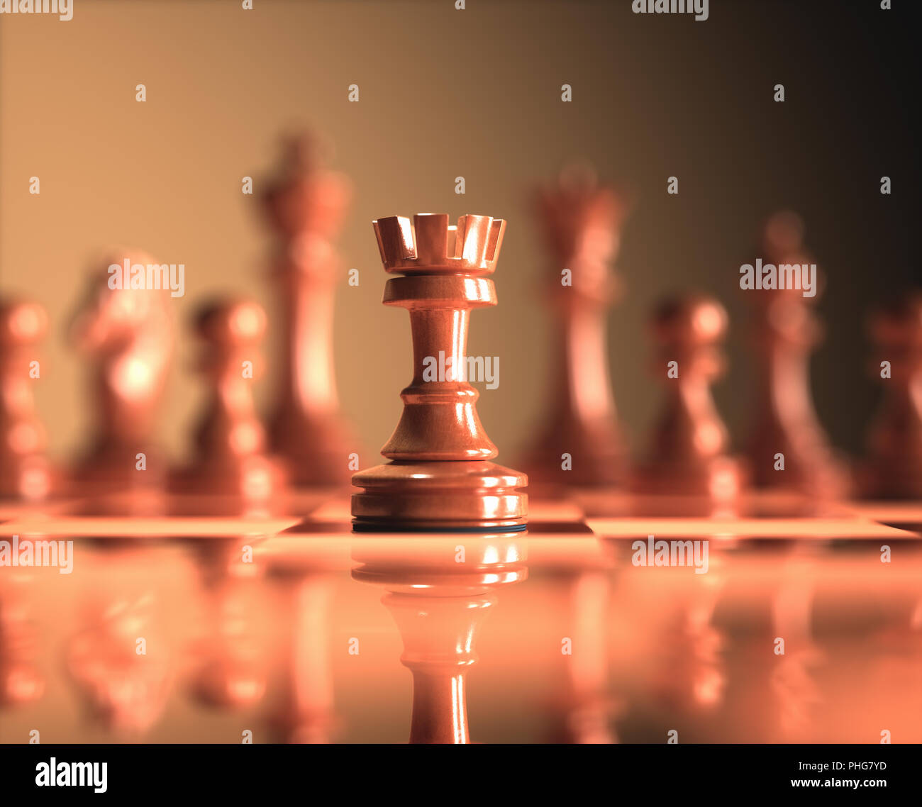 The Rook in highlight. Pieces of chess game, image with shallow depth of field. Stock Photo