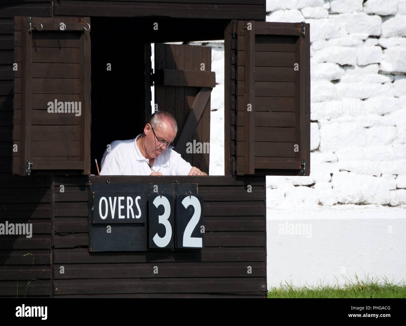 The score box at a second eleven match between Tintwistle and Mottram Stock Photo