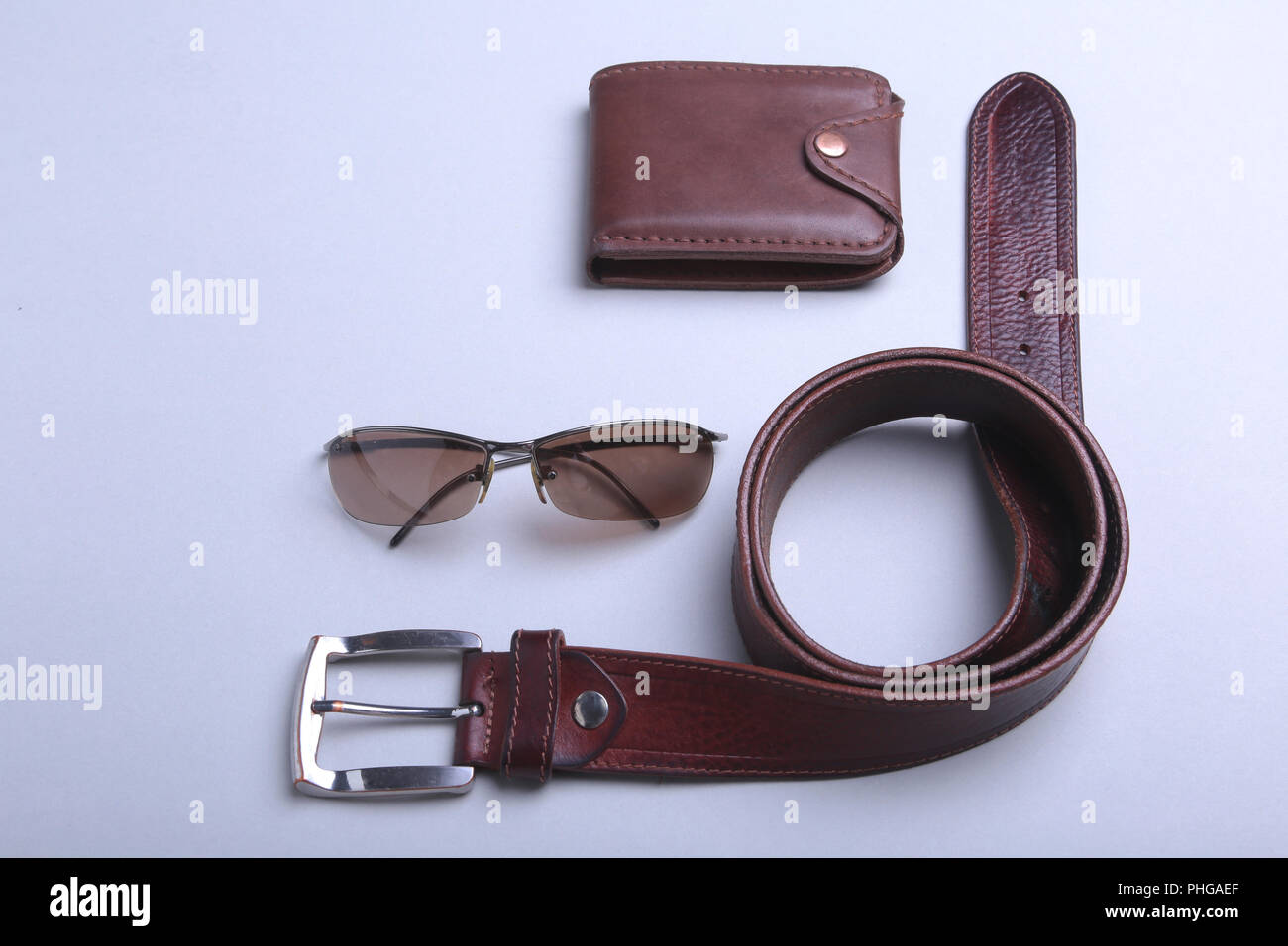 Men's accessories for business and rekreation. A professional studio photograph of men's business accessories. Top view composition. Stock Photo