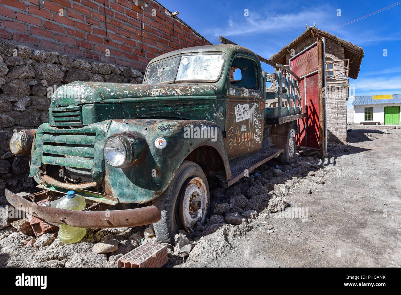 An abandoned truck in the salt mining town of Colchani, Salar de Uyuni, Bolivia Stock Photo
