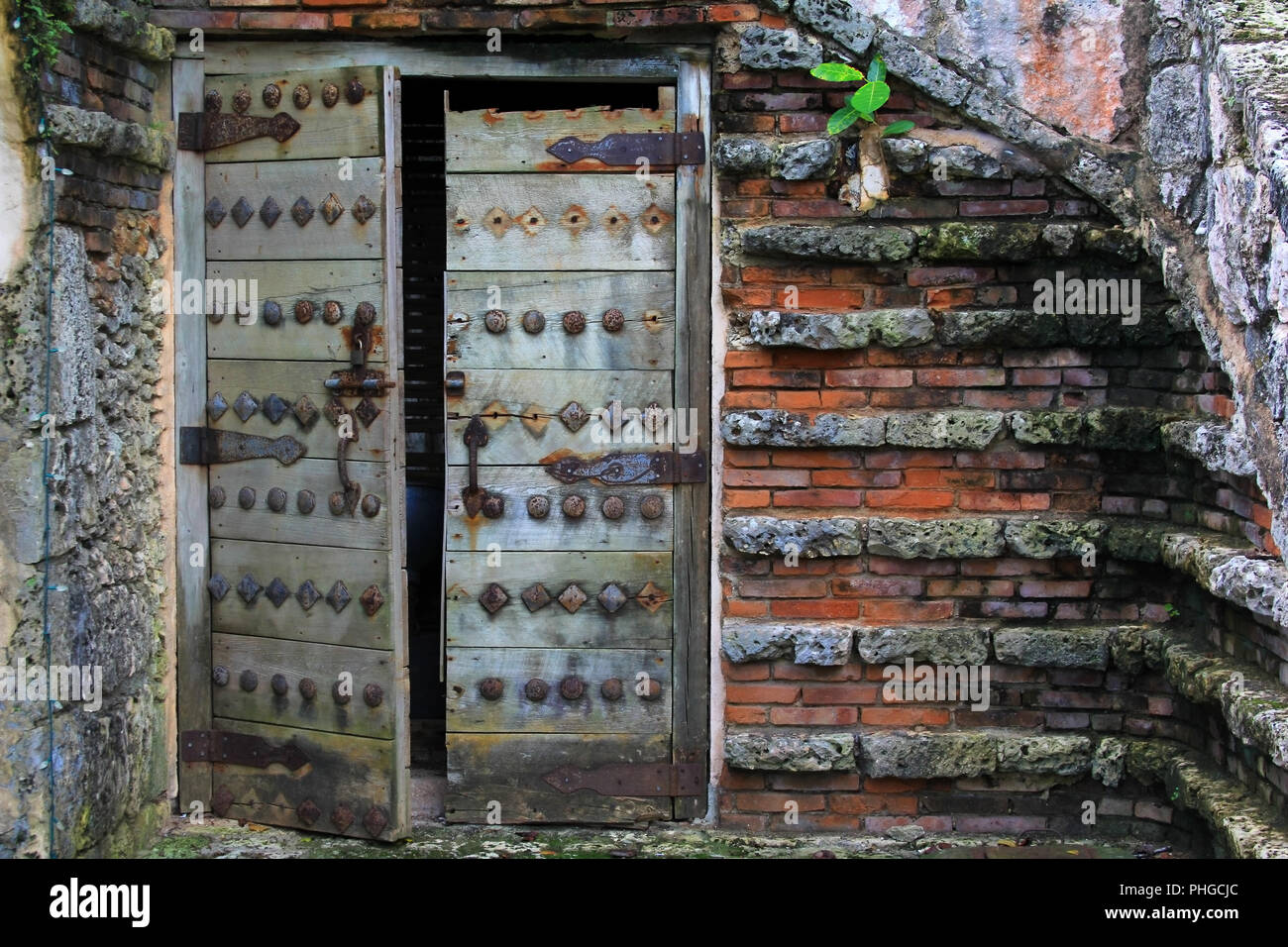 Wooden antique door in Altos de Chavon Stock Photo