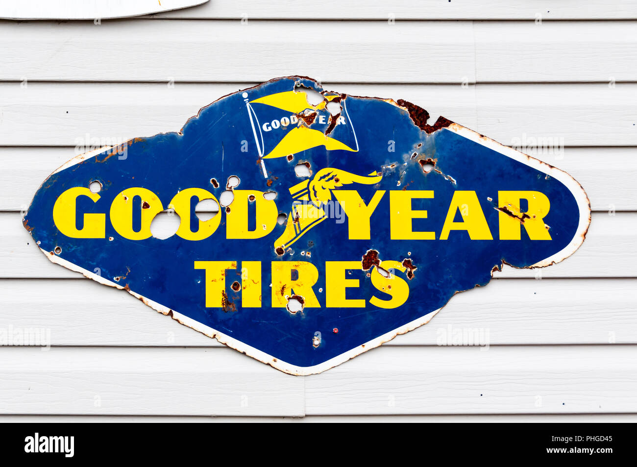 Old Good Year Tires sign at Chap's Museum at Millville in the Codroy Valley, Newfoundland.  A small personal museum of the 1950s and 1960s Stock Photo