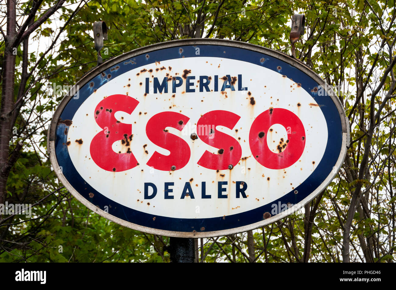 Old Imperial Esso Dealer petrol sign at Chap's Museum at Millville in the Codroy Valley, Newfoundland.  A small personal museum of the 1950s and 1960s Stock Photo