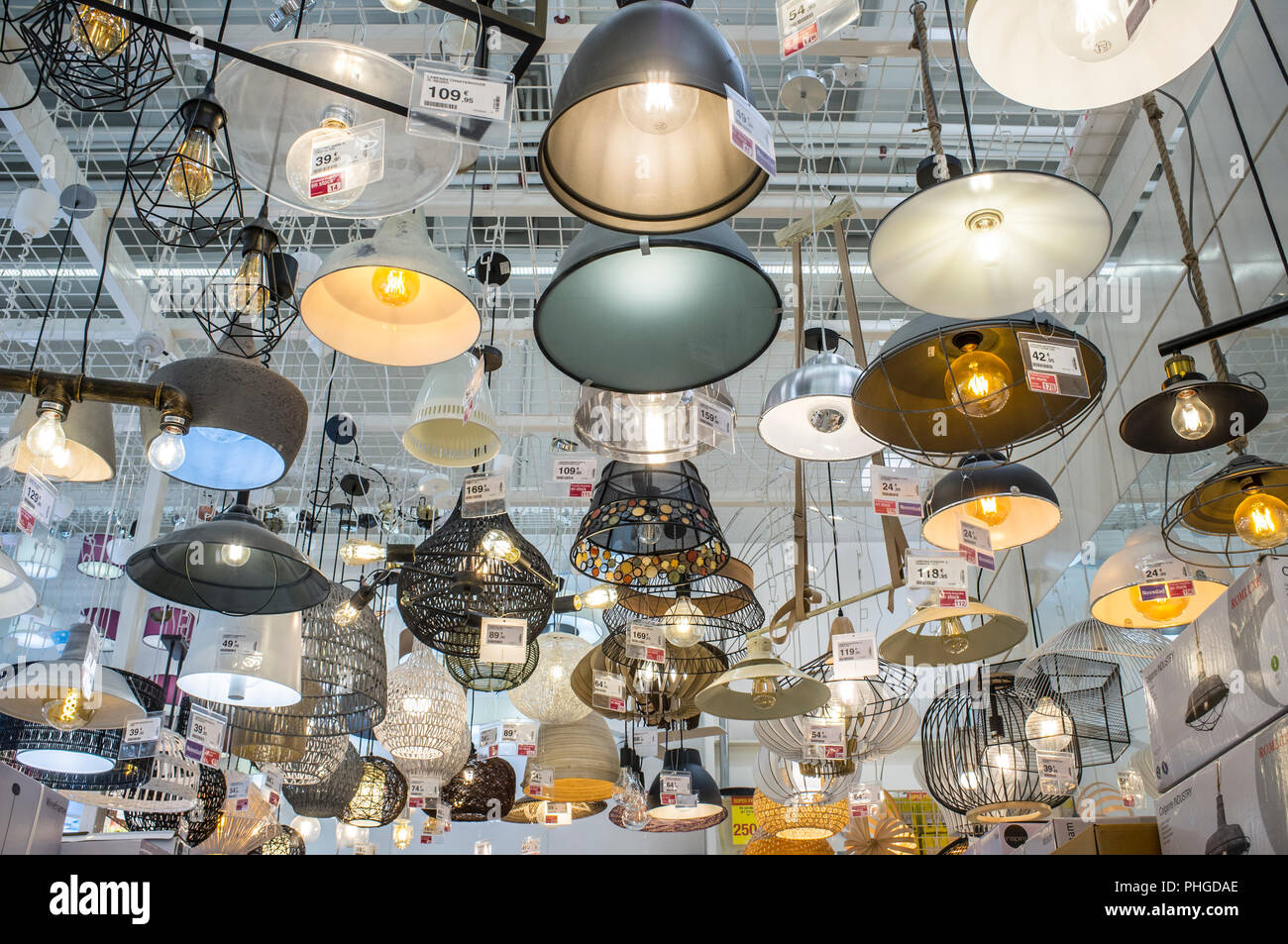 Badajoz, Spain - May 25th, 2018: Large center of Leroy Merlin Store  offering lots of vintage chandeliers. Leroy Merlin is home-improvement  retailer Stock Photo - Alamy