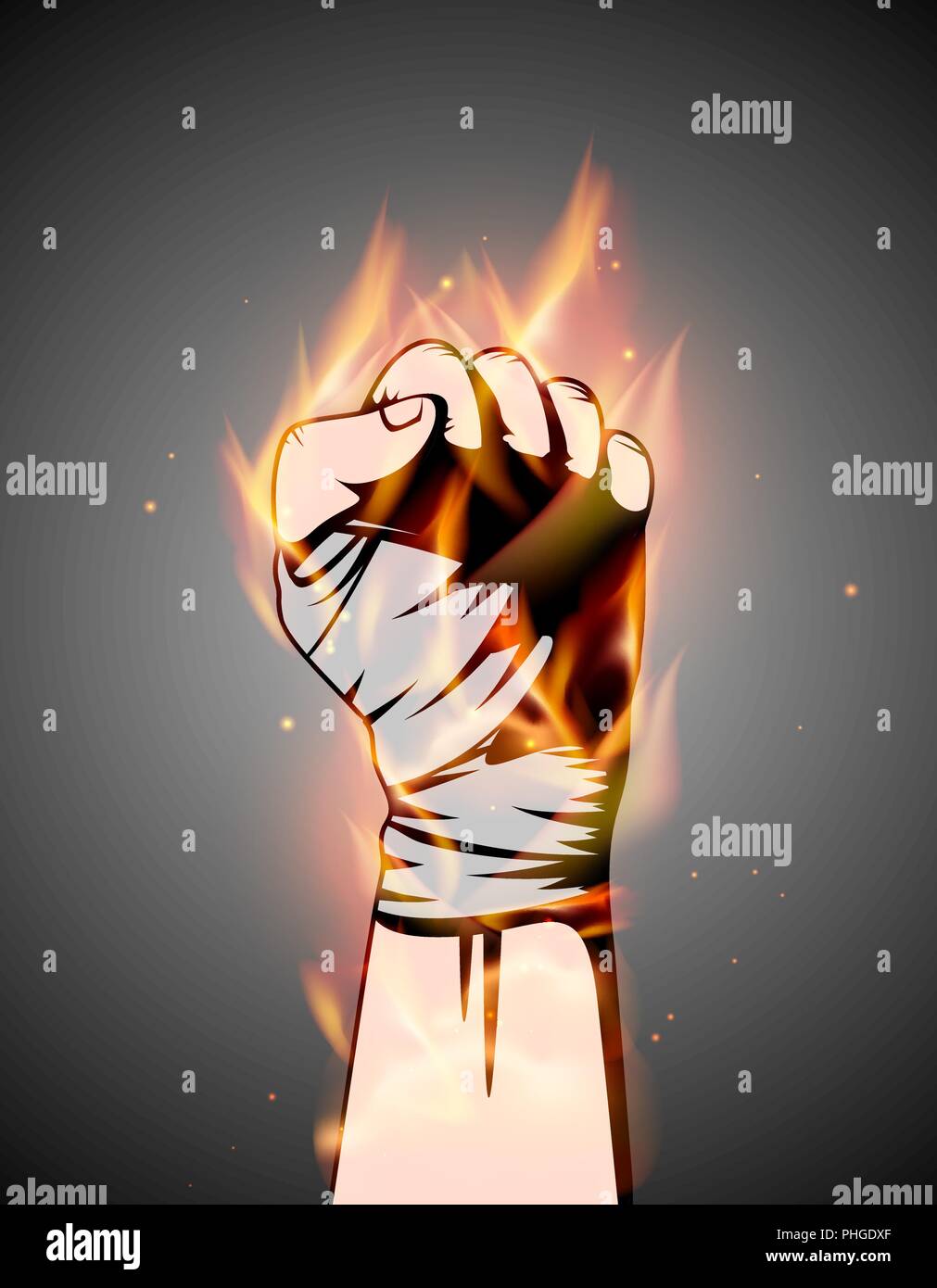MMA or boxing burning bandage fist uplifted hand. Mixed martial arts fighting flame emblem or logo idea. Vector athletic symbol with fire. Stock Vector