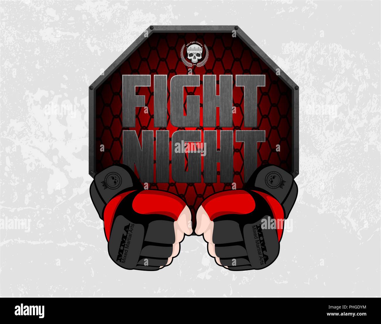 MMA gloves hands octagon stage cage poster. Mixed martial arts fight night banner. Fighting emblem logo element. Boxing decoration illustration Stock Vector