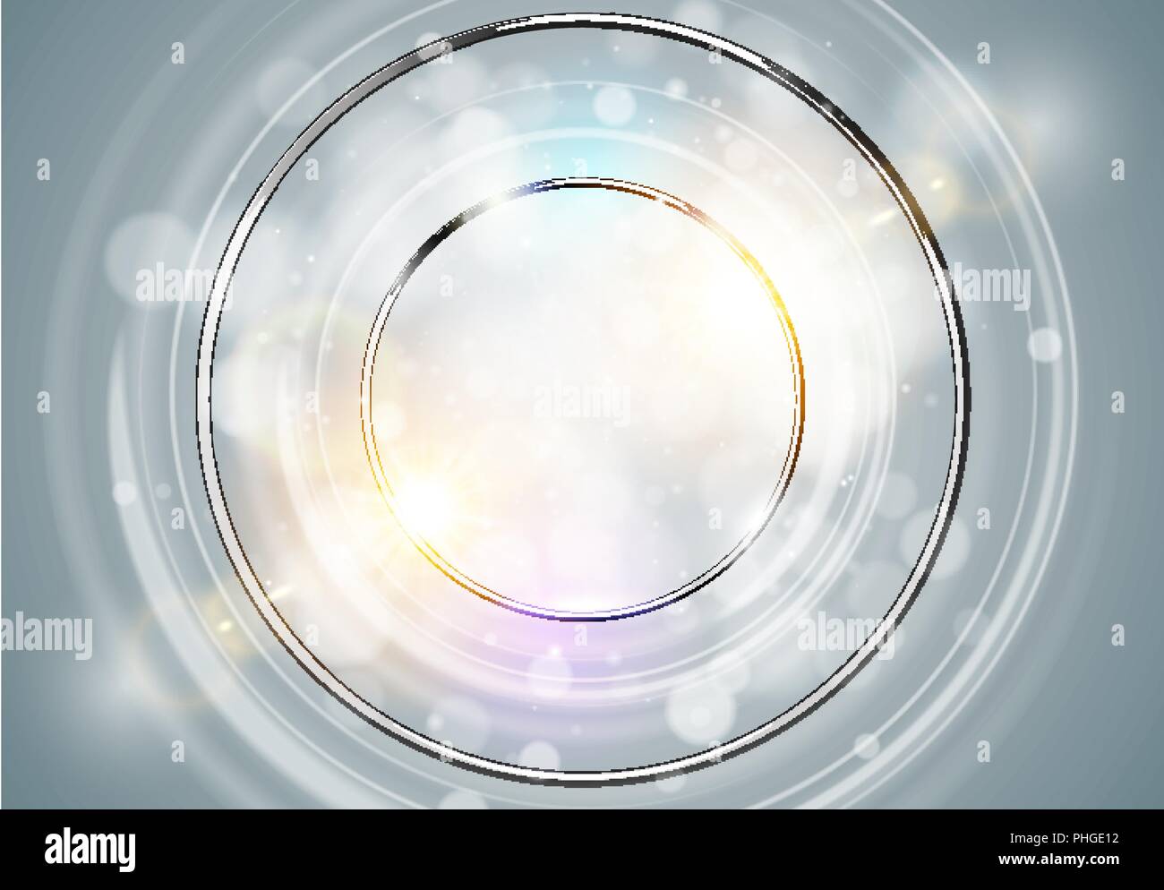 Abstract ring background. Metal chrome shine round frame with light circles and spark light effect. Vector sparkling glowing stainless steel cover Stock Vector