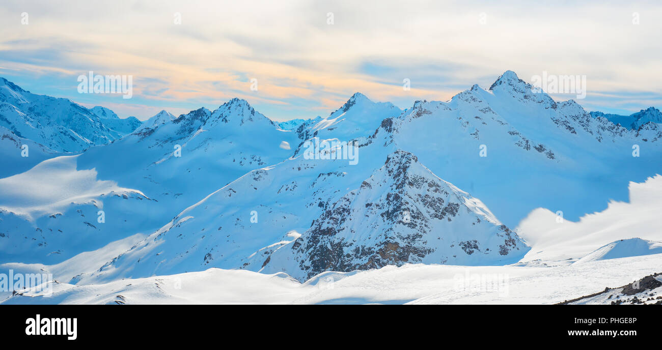 Panorama with range of mountains peaks Stock Photo Alamy