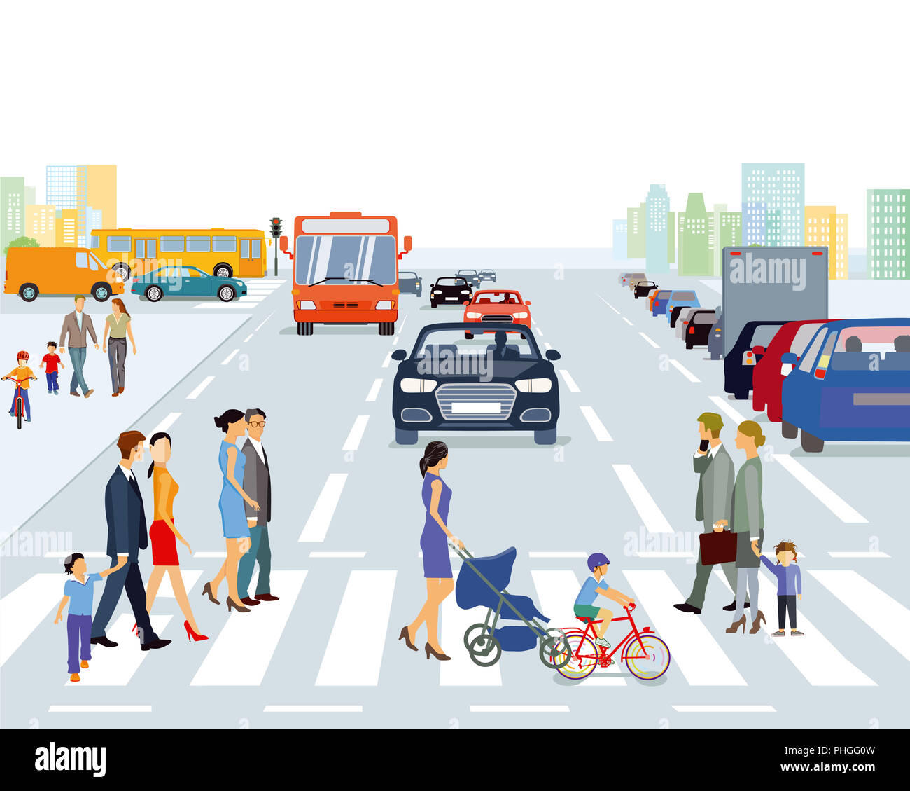 big city with road traffic and pedestrian, illustration Stock Photo - Alamy
