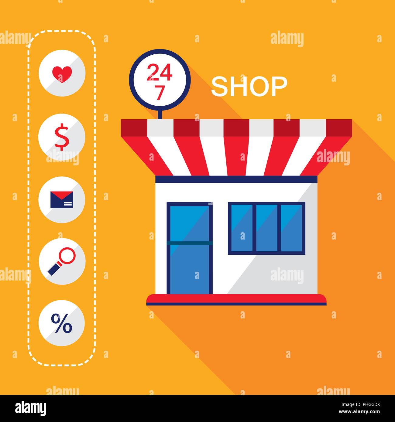 24 7 Shop Front. Modern flat design facade of convenience store building and shopping icons