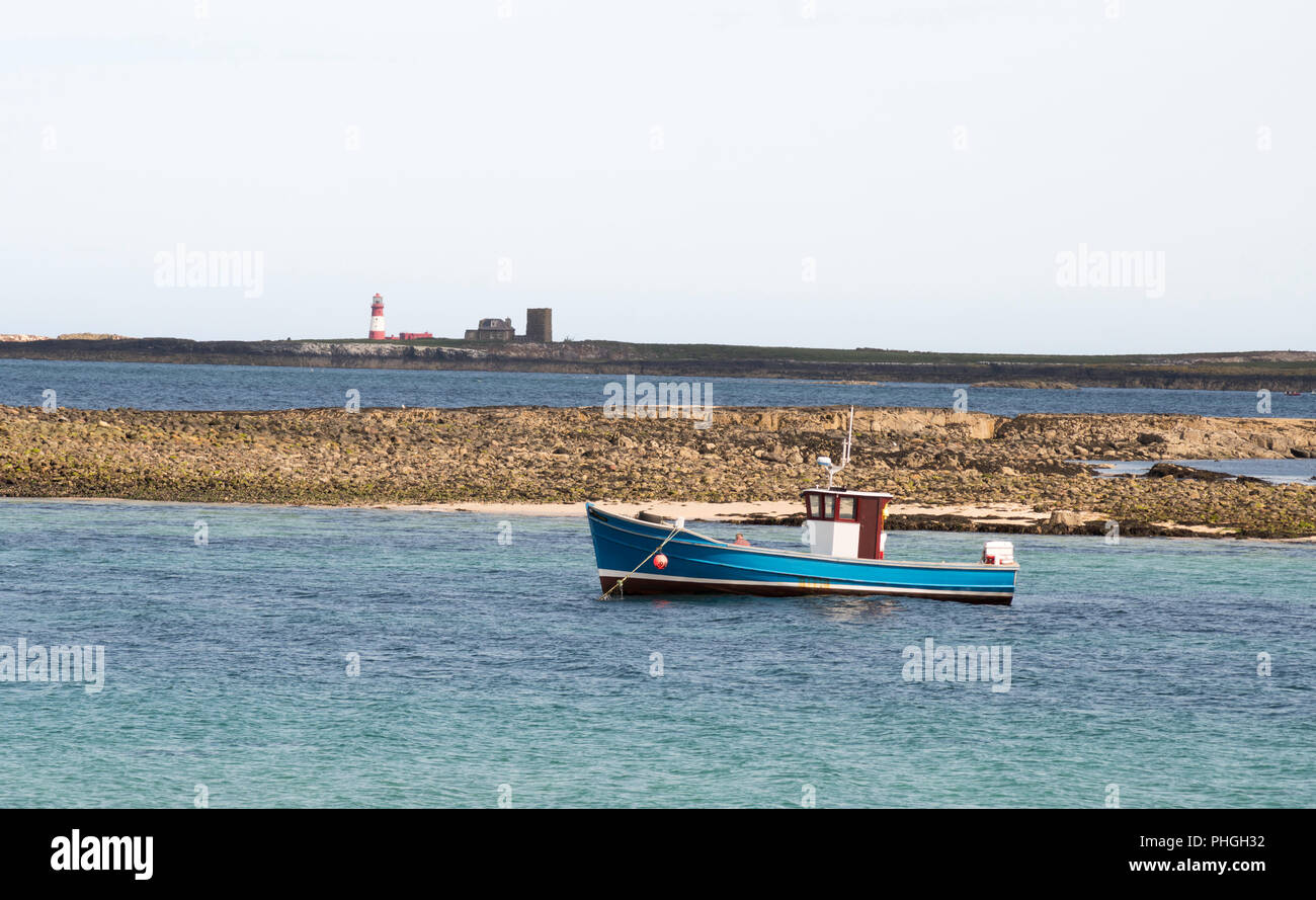 Billy Shiel's boat Glad Tidings lying off Inner Farne, Farne Islands, Northumberland, England, UK Stock Photo