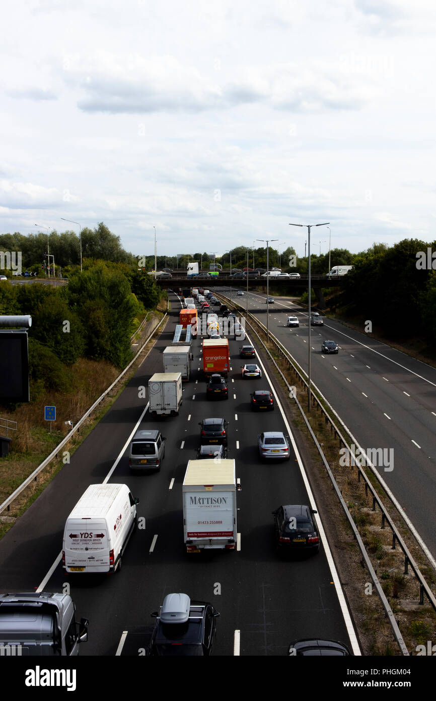 traffic jam due to accident on M4 motorway at junction 12, road runs between London and Wales Stock Photo