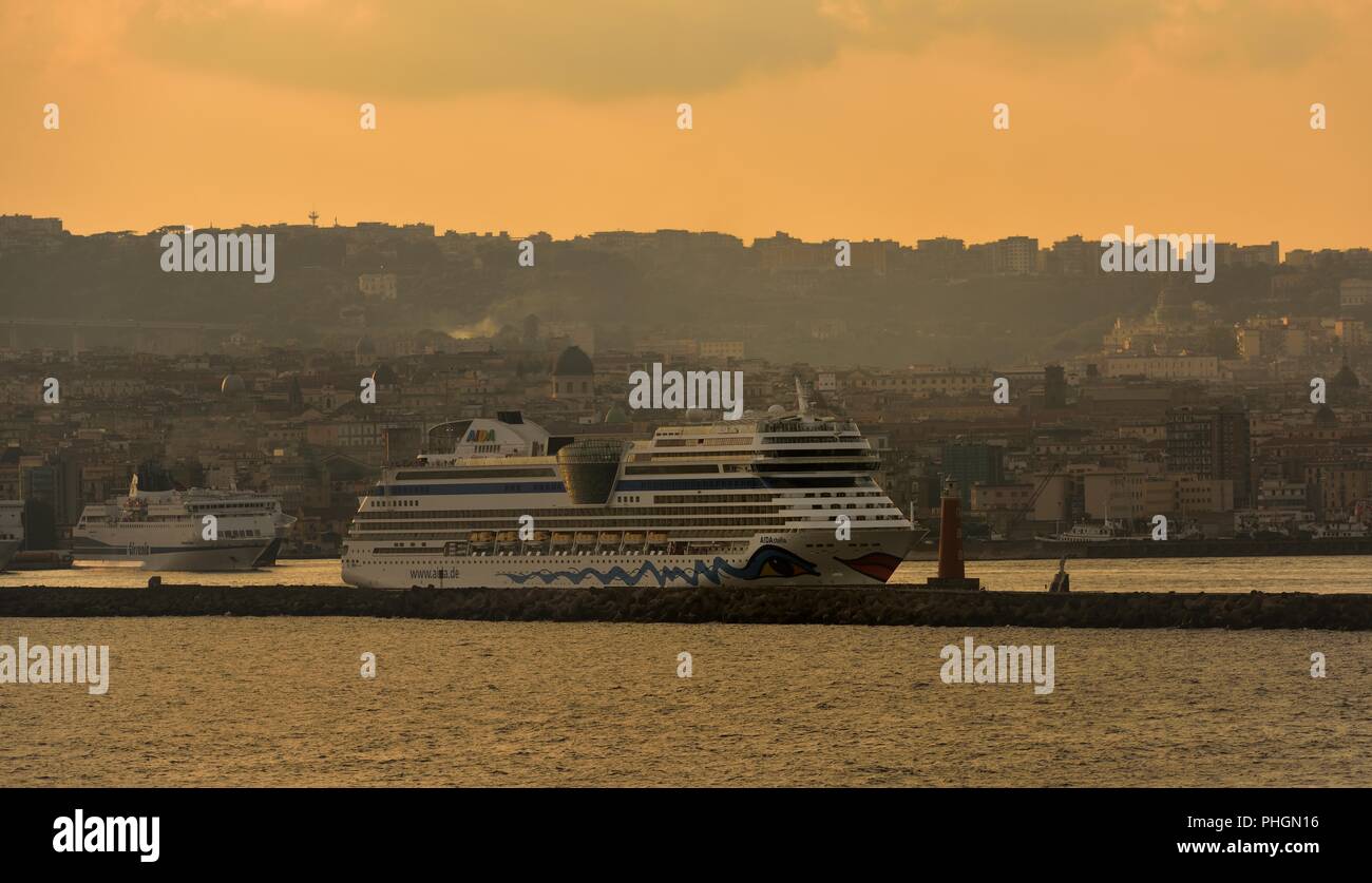 Adia Stella, Naples, Italy - July 18:Aida Stella leaving the Port of Naples at sunset Stock Photo