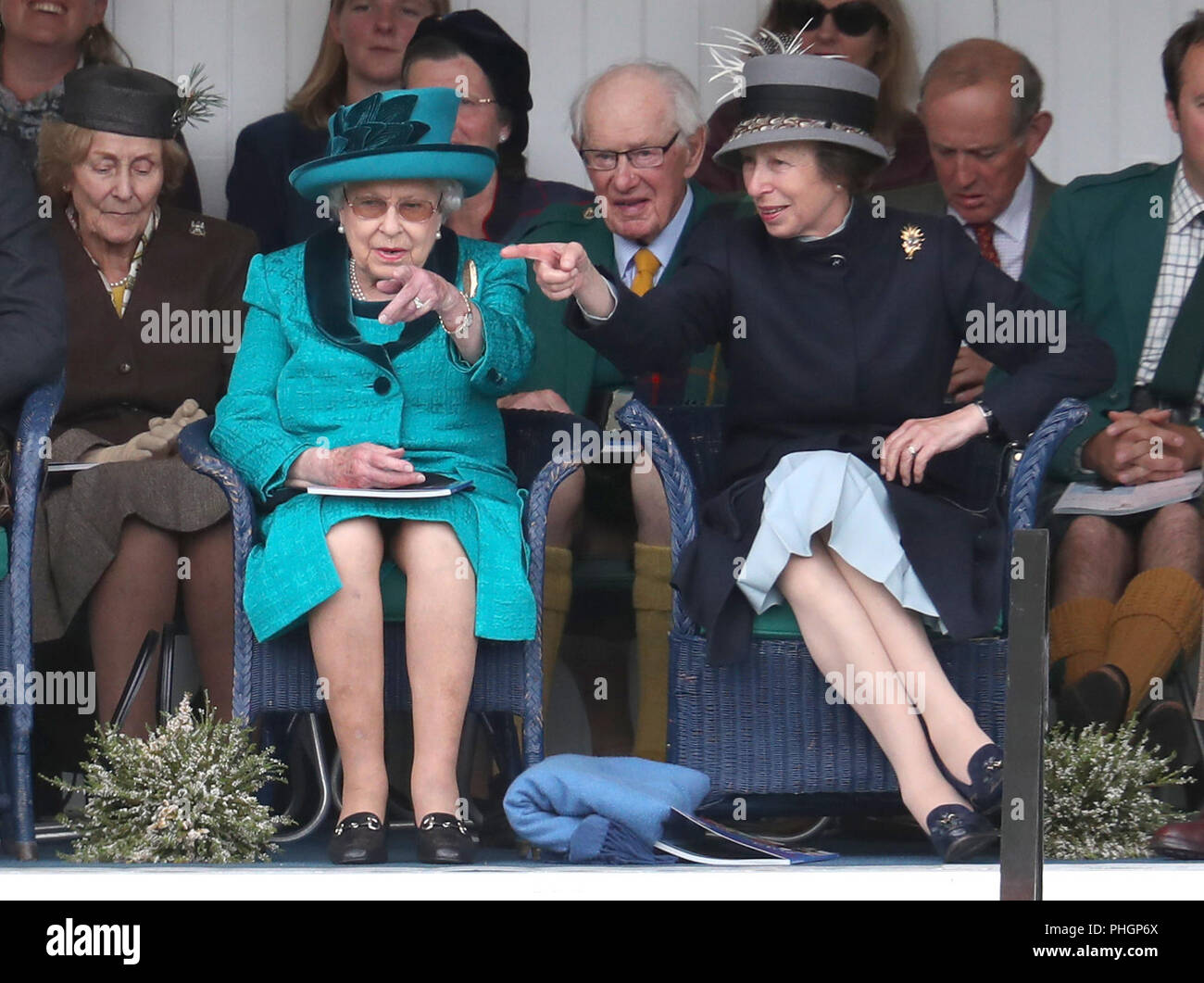 Queen Elizabeth II and the Princess Royal during the Braemar Royal Highland  Gathering at the Princess Royal and Duke of Fife Memorial Park, Braemar.  The Gathering has been run in its present
