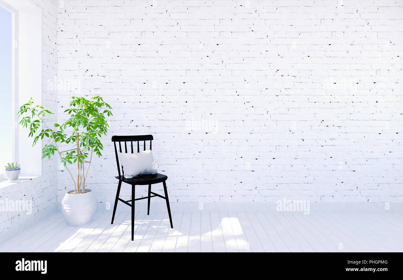 White brick modern living room interior with living space, 3D rendering ...