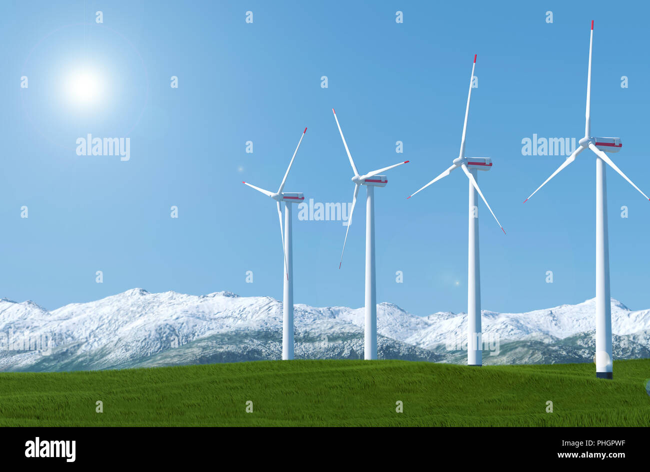 Wind turbines on a green grass field against blue sky background, 3D ...