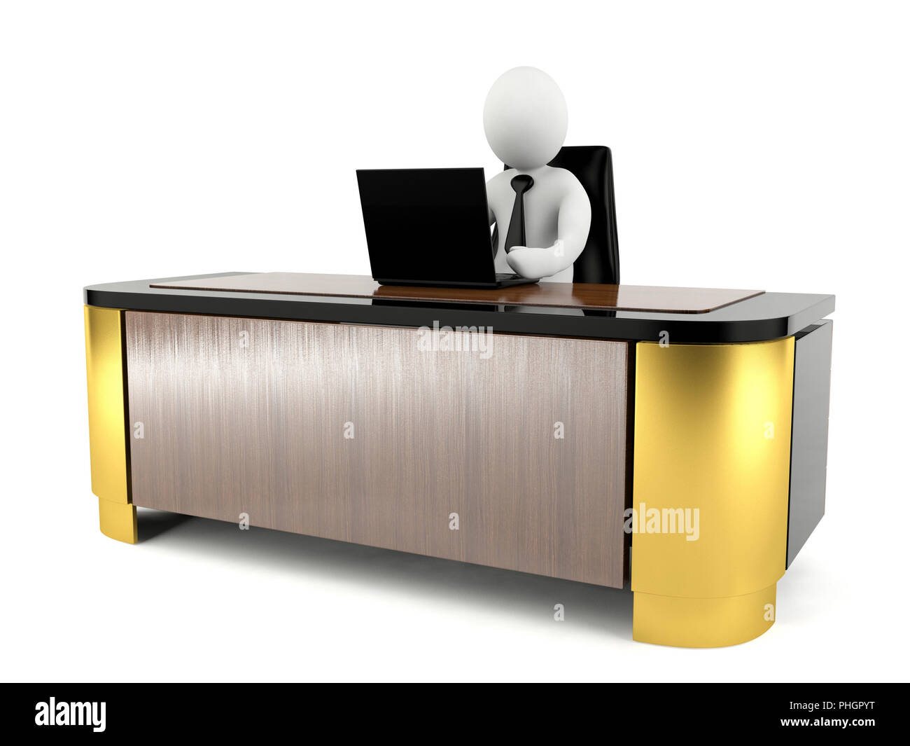 3D man working with laptop on large working desk Stock Photo